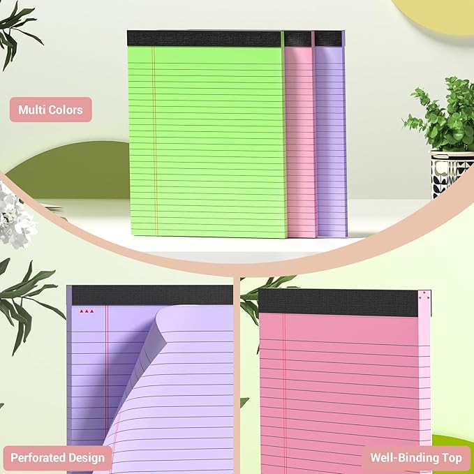 Legal Pads 8.5 x 11 Inch, 6 Pack, Colored Notebook Paper, 8.5 x 11 Colored Legal Pad, Micro Perforated Lined Paper Notepads 8.5 x 11, 30 sheets, Colored Paper Writing Pads for Office Home School