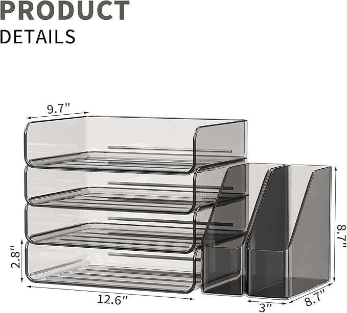 FANXIYQ Acrylic Paper Organizer with Movable Bookends, 4-Tier Stackable Paper Tray for Desk, Brown Clear File & Letter Tray Organizer Office