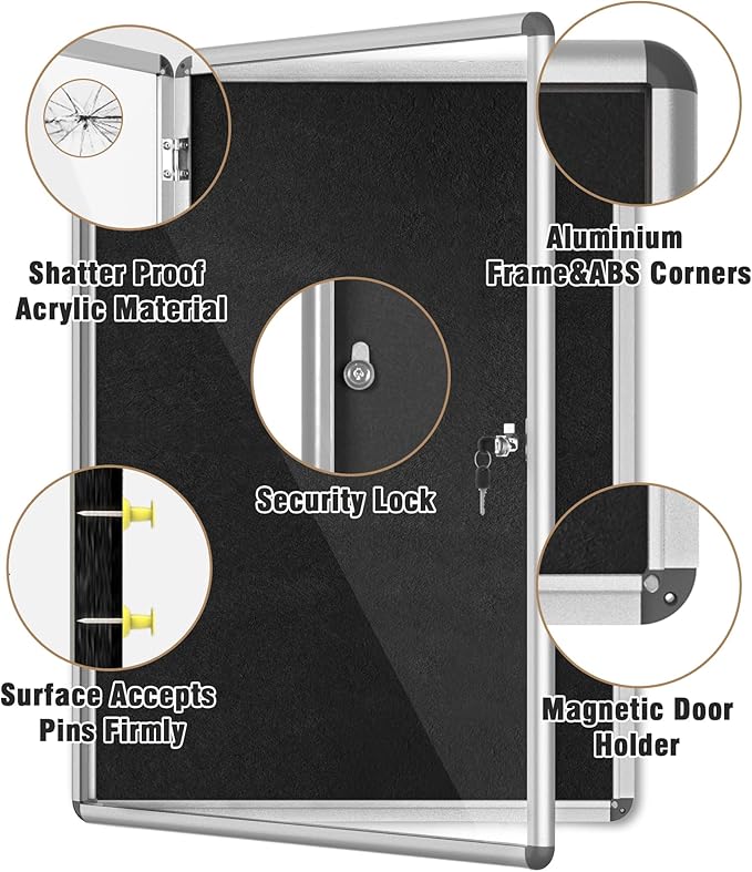 Mifuro 38"x28" Enclosed Bulletin Board, Lockable Weather-Resistant Aluminum Cork Noticeboard for School & Office, Silver Frame w/Black Flet