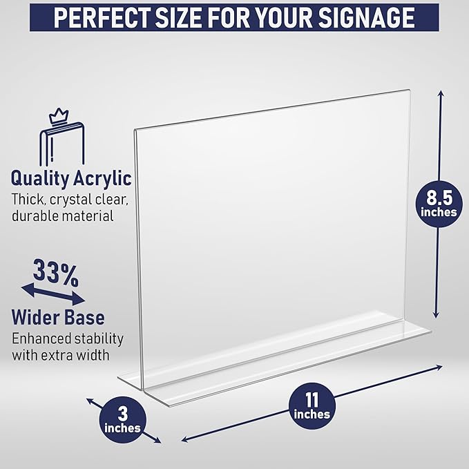 Acrylic Sign Holder 11 x 8.5 - Acrylic T Shape Table Top Display Stand, 6 Pack, Double Sided, Bottom Load, Landscape Style Menu Ad Frame. Perfect for Restaurants, Promotions, Photo Frames, Classroom