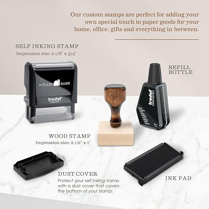 Address Stamp - Custom Stamps for Mailing I Create Personalized Name and Return Address I Up to 3 Lines of Text I Includes Ink Color Options I Self Inking and Wooden Rubber Stamp Options (Fancy Font)
