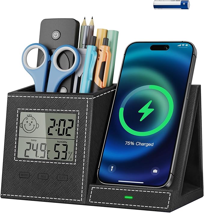 TopMade Wireless Charger with Pen Holder, Leather Desk Nightstand Organizer Home Office Supplies Pencil Holder Fast Charging Station, Digital Thermometer and Humidity Gauge Gifts for Men(Black)