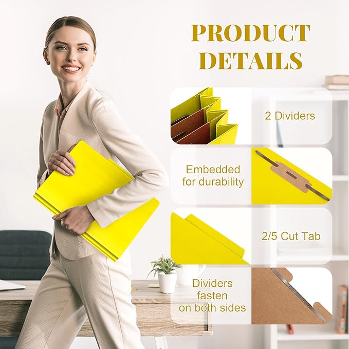 Skyygemm 48 Pcs Classification Folders Letter Size, 2 Divider Pressboard File Folders with 3. 5 Inch Expansion, 2 Prongs Fastener, Heavy Duty Office File Organizers for Teachers, Medical (Yellow)