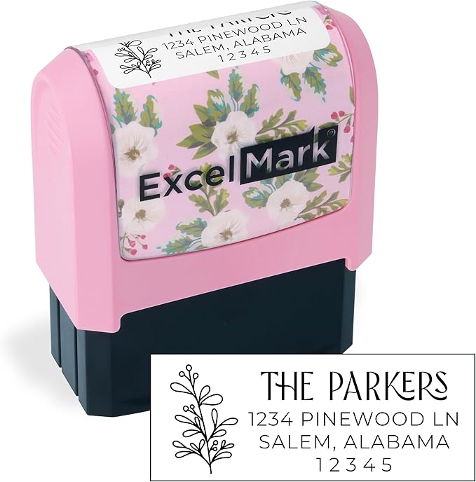 ExcelMark Address Stamp - Custom Return Address Stamp with Elegant Designs, Vibrant Colors & Patterns – Perfect for Mail, Invitations & Gifts (Pink Mount, Foliage Edge)