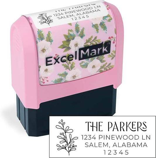 ExcelMark Address Stamp - Custom Return Address Stamp with Elegant Designs, Vibrant Colors & Patterns – Perfect for Mail, Invitations & Gifts (Pink Mount, Foliage Edge)