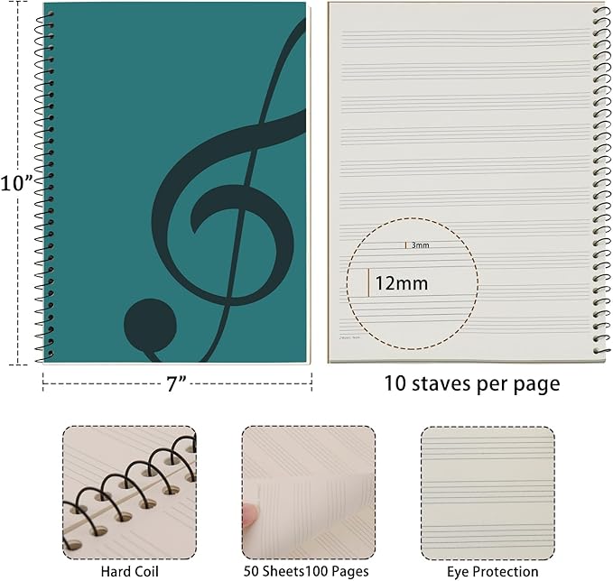 MOREYES Music Notebook Composition Manuscript Staff Notebook with 100 Pages 10.24x7.5 inch/26x19cm, Green
