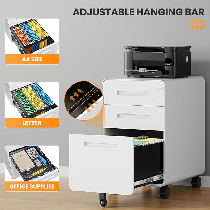 AFAIF 3 Drawer File Cabinet, Fully Assembled Mobile File Cabinets with Lock for Home Office, Metal Rolling Filing Caninet on Wheels, Three Drawer Under Desk Cabnet for Letter/Legal / A4 - White