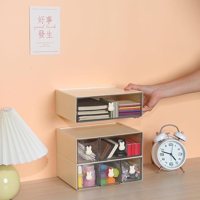 OSteed Desktop Drawers, Desk Organizer with 6 Drawers & Bunny Handles, Stackable Craft Storage Box for Home Collection, Cosmetics, Office Supplies (3 Tiers, Cream & Clear)