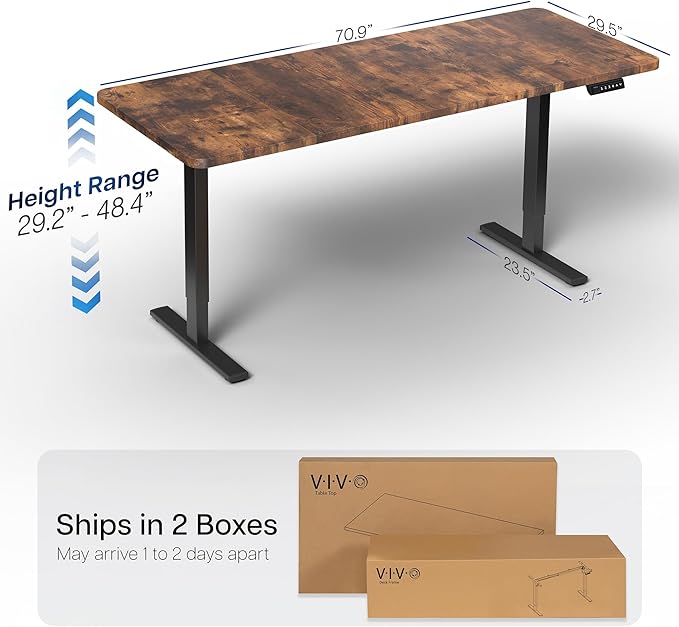 VIVO Electric 71 x 30 in Rustic Standing Desk, Memory Height Adjustment, 1B Series, Holds 220 lbs, Vintage Brown Top Black Frame, DESK-KIT-1B7N
