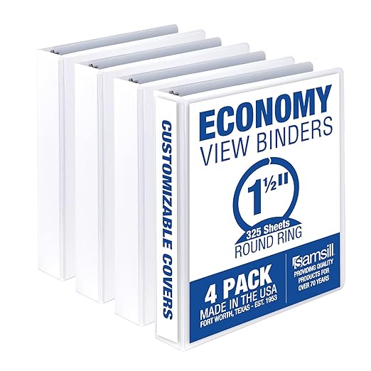 Samsill 1.5 Inch 3 Ring Binders, Made in USA, Economy Round Ring, Clear View Cover, 325 Sheet Capacity - for School, Home, Office - White, 4 Pack