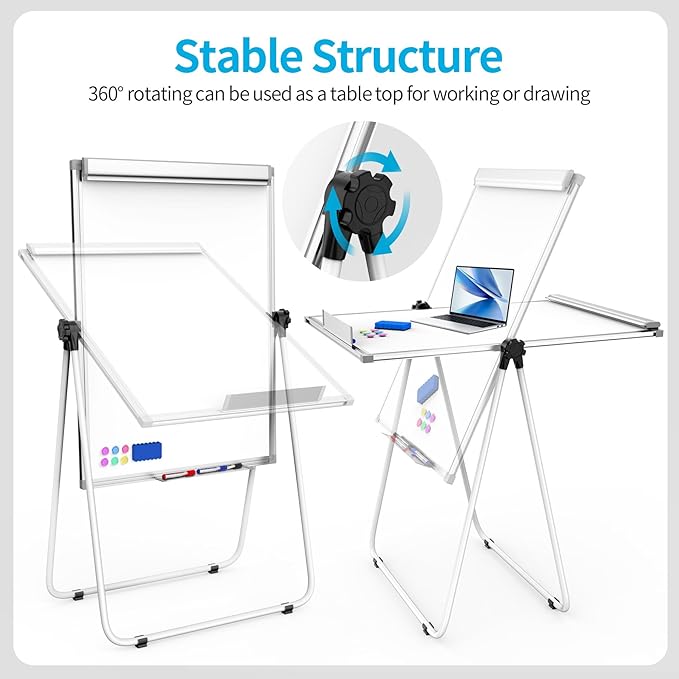 DexBoard U-Stand Double Sided 40" x 28" Magnetic Dry Erase Easel, Height Adjustable & 360° Rotating Whiteboard with 1 Eraser, 6 Magnets and Paper Pads