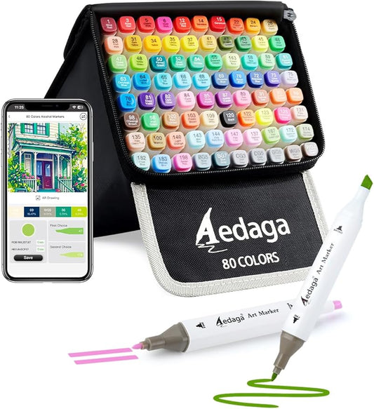 AEDAGA 80 Colors Alcohol Markers with Free App, Dual Tip Art Marker with Kickstand Case for Artists Adults. Alcohol Based Markers for Coloring Painting Sketching and Drawing, Great Gift