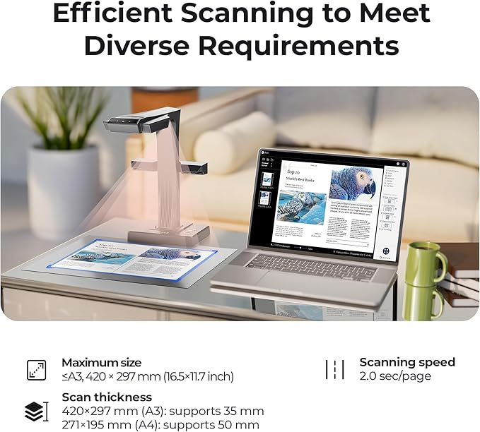 CZUR ET16 Plus Advanced Book & Document Scanner, 2nd Gen Auto-Flatten&Deskew Tech, 16MP Camera, Capture A3, 186 Languages OCR, Convert to PDF/Searchable PDF/Word/Tiff/Excel, Run On Windows&MacOS