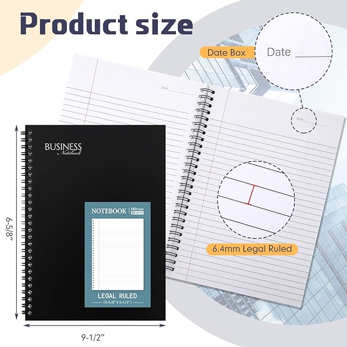 Resurhang 8 Pack Wirebound Business Notebook Legal Ruled Spiral Notebook 6-5/8" x 9-1/2" 80 Sheets Per Pad Professional Journal for Office Journal Planner Work Meeting Men Women(Blue)
