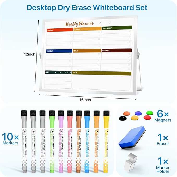 Marsrock Dry Erase White Board with Stand,Double-Sided Weekly Whiteboard 16"x12", 10 Markers, 6 Magnets, 1 Eraser, Portable Desktop Whiteboard for Planning,Weekly Schedule Board for School for Home