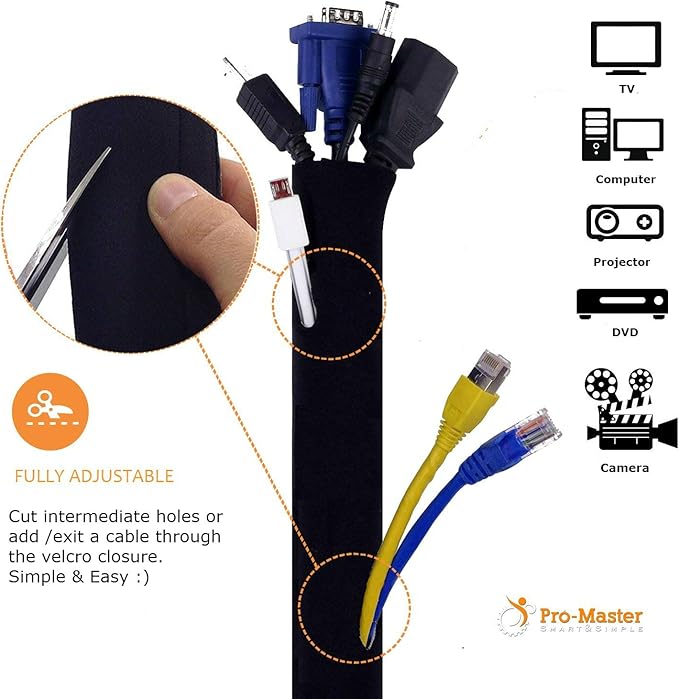 Premium 120" Cable Management Sleeve, Best Cords Organizer for TV On Wall, Computer, Office, DIY Adjustable Reversible Black and White Neoprene Cord Hider Wire Cover Concealer Wrap with Free Zip Ties