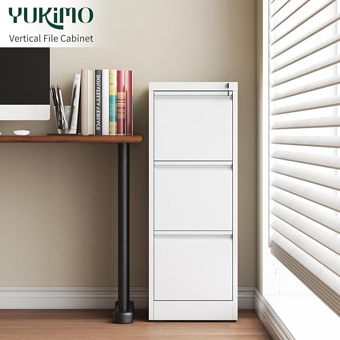 Yukimo 3 Drawer File Cabinet with Lock, Vertical File Cabinet with Lock, Locking File Cabinet Hanging Files for A4/ Legal/Letter,White
