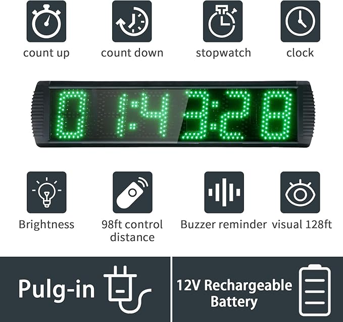 Large LED Display Digital Race Timer with Battery,Function-Countdown/Up/Time Clock, Remote Control, Tripod Stand and Adjustable Brightness for Sports Events, Races, Meetings, Presentations