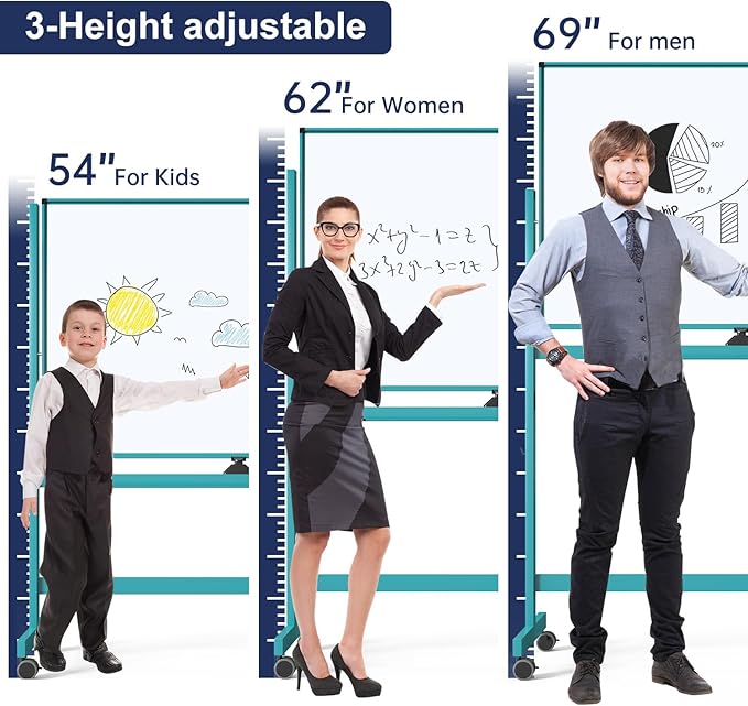 TSJ OFFICE Large Rolling Whiteboard - Dry Erase Magnetic 48 x 32 Inches White Board Height Adjust Double Sides Mobile Portable Easel on Wheels, Dry Erase Board with Stand for Office, Home & Classroom