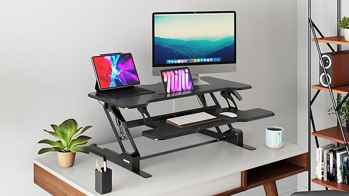 Mount-It! 38" Standing Desk Converter, Desktop Sit-Stand Desk Riser with Gas Spring Height Adjustment, Compact Desk Topper for Dual Monitors or Laptop, Keyboard Tray, Black