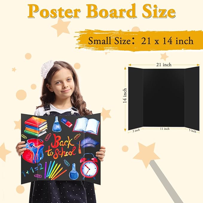 AKONEGE 3PCS Small Trifold Poster Board, 21 x 14 Inches Black Corrugated Cardboards Mini Tri Fold Poster Boards for School Projects, Science Fair, Business Presentations, Exhibitions, Event Display