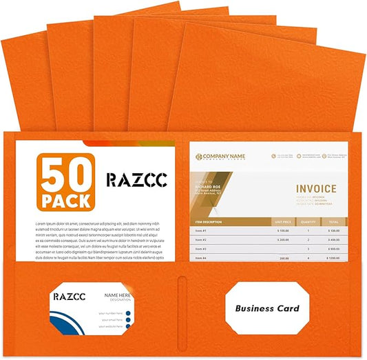 Two Pocket Folders, RAZCC 50 Pack 2 Pocket Folders Fit Letter Size Paper, Paper Folders with Pockets for School Office Business Home (Orange)