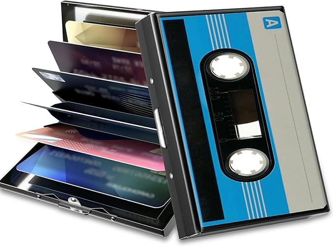 BWEGRHE Slim Credit Card Holder, Blue Cassette RFID Blocking Metal Wallet for Men & Women, Aluminum Minimalist Hard Case Pocket-Sized Business Cards Organizer (Fits Up to 10 Cards)