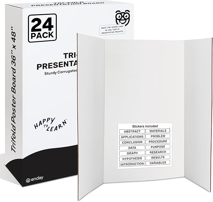 White Trifold Presentation Board 36" x 48" (Pack of 24) Self-Adhesive Science Subtitles Included - Display Exhibition Board Lightweight and Portable with Smooth Surface - by Emraw