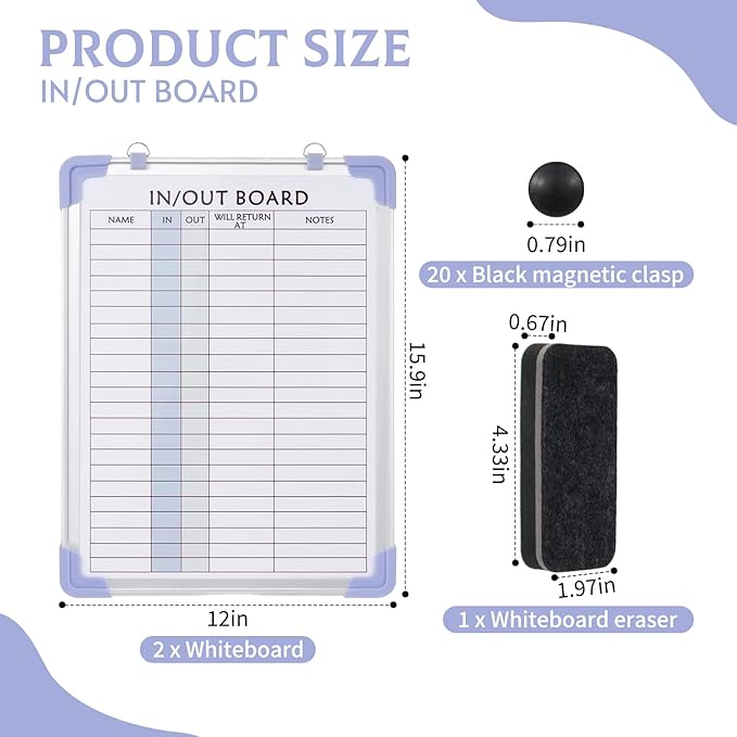 2 PCS in and Out Magnetic Dry Erase Boards 16" x 12", Aluminum Framed Lined Whiteboard with Eraser and 20 Magnets, Wall Mounted Employee Students in Out Board for Office & School Management