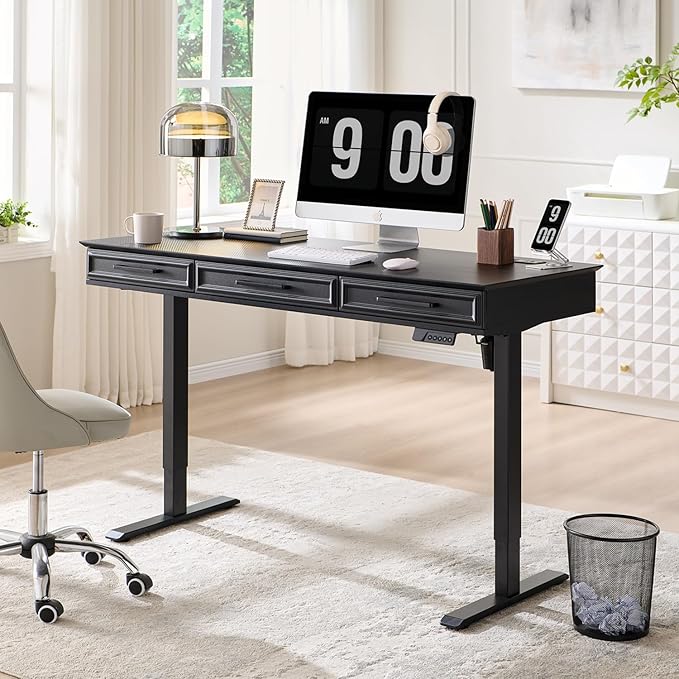 wow97e Electric Standing Desk with 3 Storage Drawers, 55x22 Inch Adjustable Height Office Computer Desk w/One-Piece Desktop & Power Outlets,Sit to Stand Up,Gaming Table for Home and Study, Black