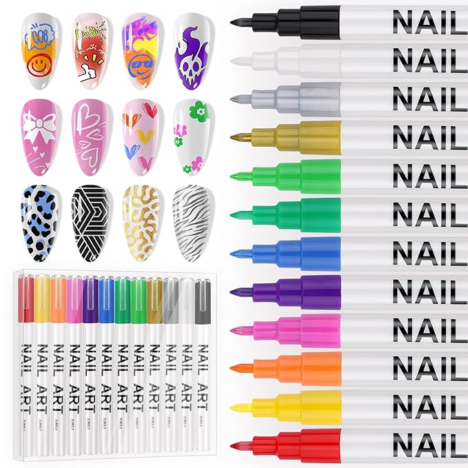 EBANKU 12 Colors Nail Art Pens Set, 3D Nail Polish Pens Acrylic Paint Pens Nail Markers for Nail Art Drawing Painting Manicure Tools Nail Design Kit Home Nail Salon DIY, 0.7MM