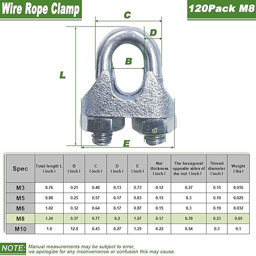 120PCS 5/16" M8 Zinc-Plated Wire Rope Clamps – Heavy Duty U-Bolt Cable Clips (Silver)