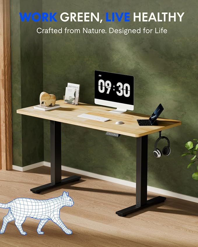 FLEXISPOT EN1 One-Piece Solid Wooden Standing Desk 48 x 24 Inches Height Adjustable Electric Sit Stand Home Office Desks (Black Frame + Rubber Wood Top, 2 Packages)