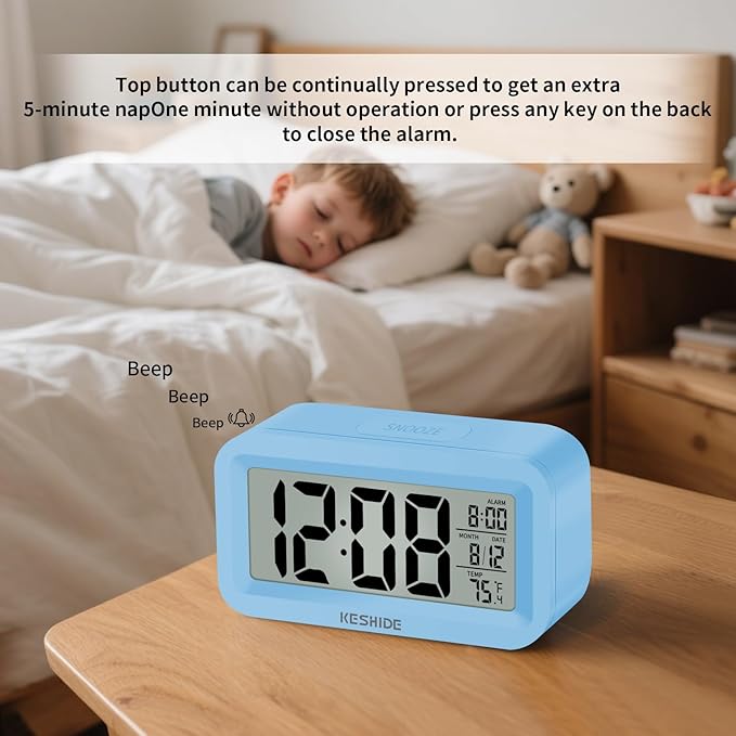 KESHIDE Travel Digital Alarm Clock Battery Operated with Indoor Temperature, Desk Small Clock,Snooze Model,12/24H Display for Bedrooms Heavy Sleepers Kids Travel Bathroom (Black)