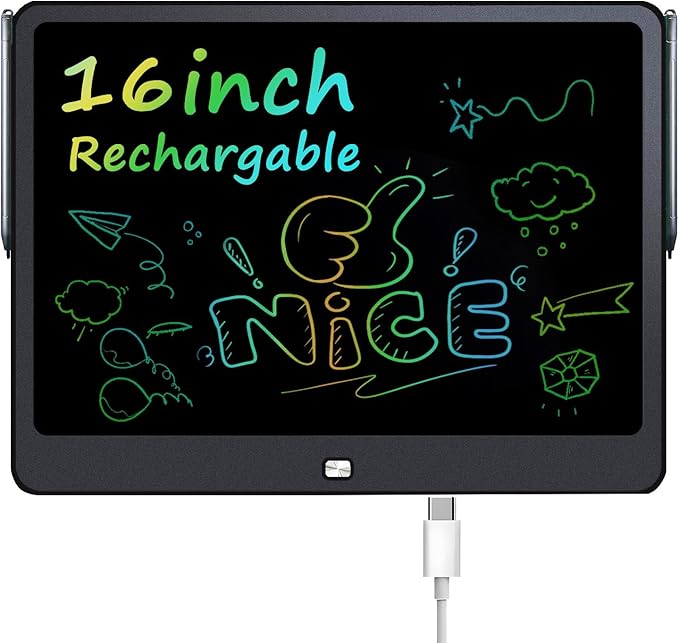Rechargeable LCD Writing Tablet for Kids, 16 Inch Colorful Drawing Tablet, Educational Toddler Drawing Pad, Reusable Learning Toys for Kids (Ages 3-12), Ideal Gift for Christmas Birthday (Black)