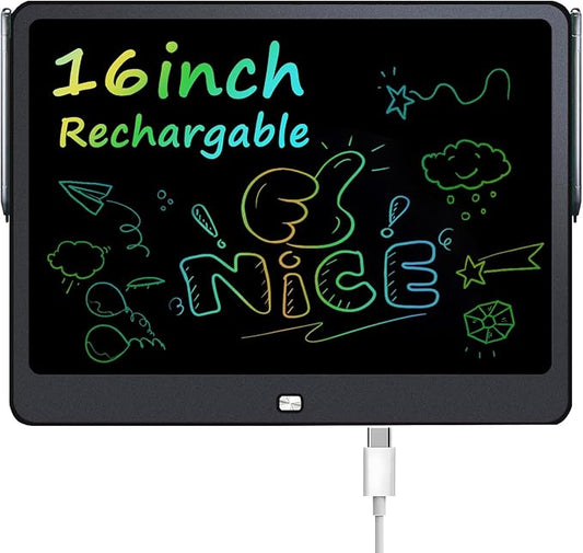 Rechargeable LCD Writing Tablet for Kids, 16 Inch Colorful Drawing Tablet, Educational Toddler Drawing Pad, Reusable Learning Toys for Kids (Ages 3-12), Ideal Gift for Christmas Birthday (Black)