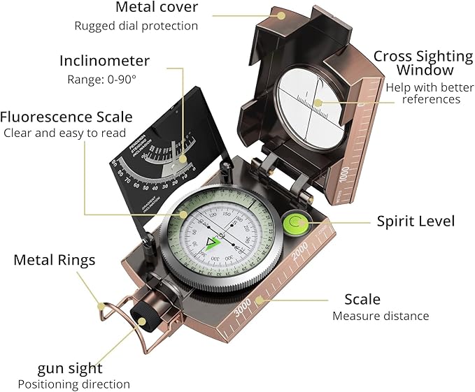 Anbte Compass Hiking Survival, IP65 Waterproof Metal Compass with Sighting Clinometer and Carry Bag, Multifunctional, Professional, for Camping Hunting Hiking Navigation