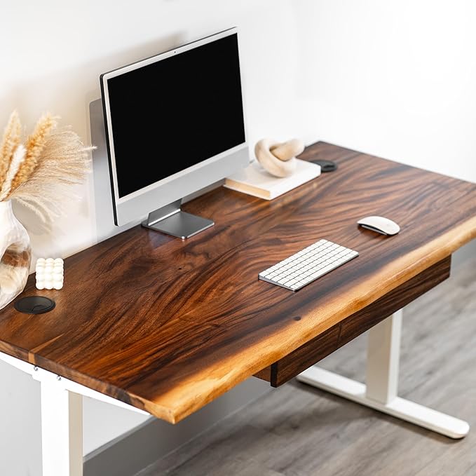 Standing Desk with Drawer – Walnut Solid Wood Desk, Natural Live Edge, Adjustable Height Dual Motor, Sit Stand for Home Office (White, W60 x D27)