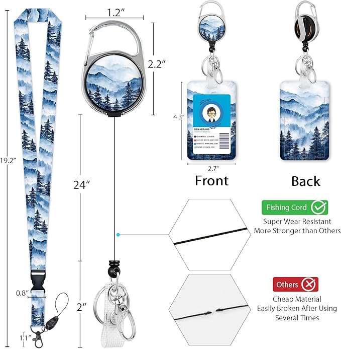 Giancomics Misty Forest Lanyards for Id Badges, Hoarfrost Landscape ID Badge Holder with Retractable Reel, Ink Painting Teacher Lanyard with Keychain Clip Name Tag Card Holder for Women Gift
