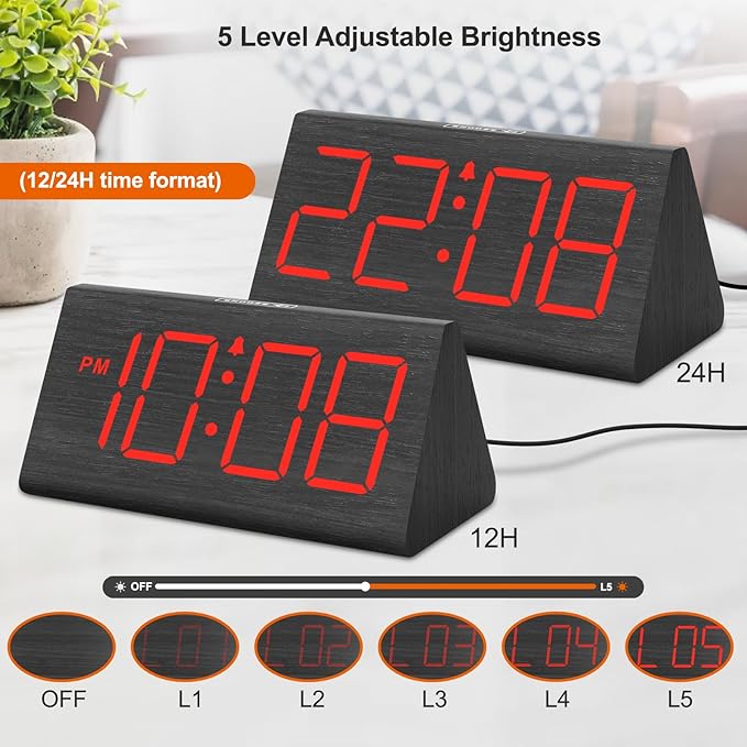 DreamSky Wooden Digital Alarm Clocks for Bedrooms - Electric Desk Clock with Large Red Numbers, USB Port, Battery Backup Alarm, Adjustable Volume, Wood Décor, Dimmer, Snooze, DST (Adapter Powered)