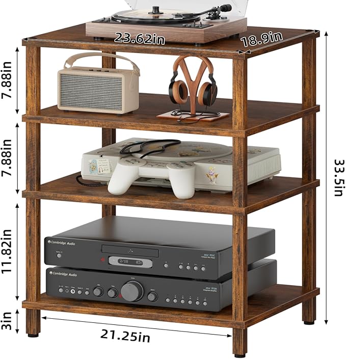 4-Tier AV Media Player Stand, Brown Stereo Cabinet, Modern Stereo Cabinet, Wooden TV Stand,Game Console Shelf, Multifunctional Entertainment Center, Suitable for Home, Conference Room, Game Studio