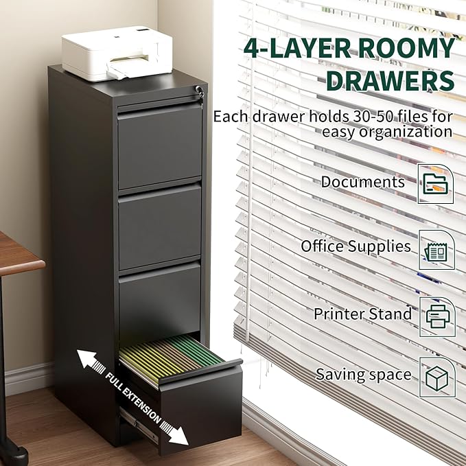 Yukimo 4 Drawer File Cabinet with Lock, Vertical Filing Cabinets for Home Office, Locking File Cabinet Hanging Files for A4/ Legal/Letter, Require Assembly, Black