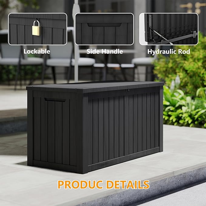 Yardgrace 180 Gallon Outdoor Storage Box Waterproof, Resin Deck Boxes with Lockable Lid & UV-Resistant for Patio, Pool, Garden Furniture Cushions & Accessories, Black