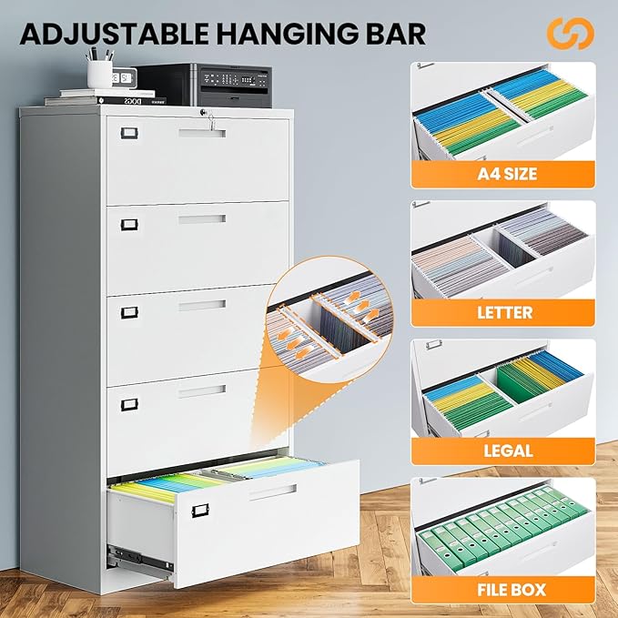 AFAIF 5 Drawer File Cabinets for Home Office, Metal Filing Cabinet with Lock, White Locking File Caninet Five Drawer, Office Storage Caninets Steel Cabnet for Letter/Legal/A4/F4-Assembly Required