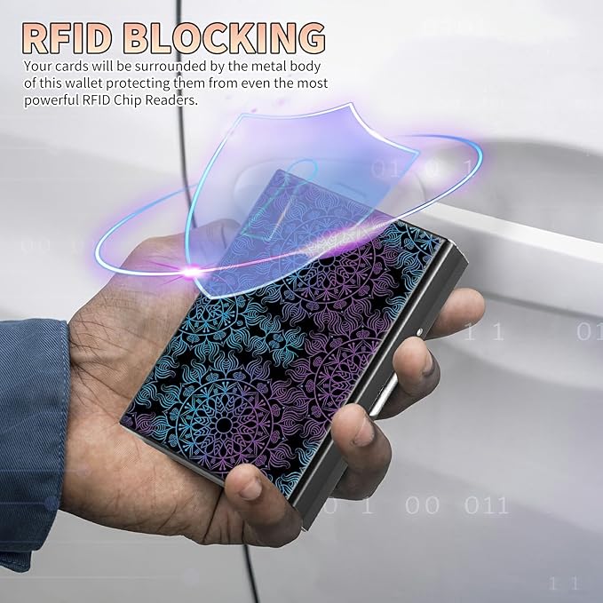 BWEGRHE Slim Credit Card Holder, Purple Blue Mandala RFID Blocking Metal Wallet for Men & Women, Aluminum Minimalist Hard Case Pocket-Sized Business Cards Organizer (Fits Up to 10 Cards)