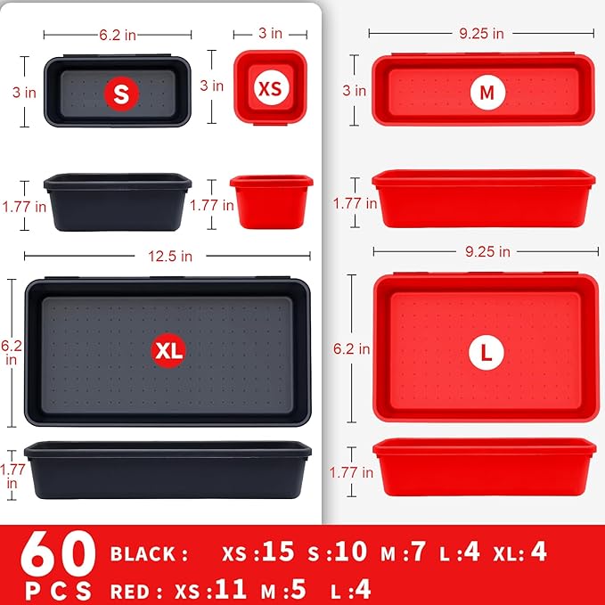 FLYVOLE Tool Box Organizer Tray, Toolbox Desk Drawer Organizer, Tool Box Tray, Toolbox Organization Storage for Rolling Tool Chest (60PCS (Black+Red))