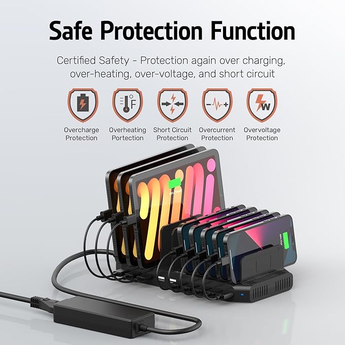 Alxum USB Fast Charging Station with Quick Charge 3.0, 10 Port Charging Stand for Multiple Devices, Compatible with iPad, iPhone, Samsung Galaxy, Black