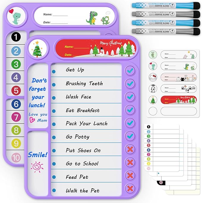 2-Pack Magnetic Chore Chart for Kids, ADHD Task Tracker Easy-Check Routine Dry Erase Board, to-Do List Planning Tool with Stand for Fridge/Desk/Home/School, 6 Reusable Sheets, 4 Markers Purple