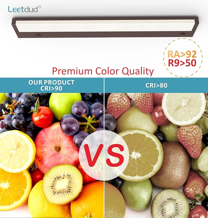 Leetdud LED Under Cabinet Lighting Hardwired or Plug in, 24 Inch 12W, Dimmable 5 Color 2700K/3000K/3500K/4000K/5000K, Linkable Eyes Care Design Counter Lights for Kitchen, Sink, ETL Listed, Bronze