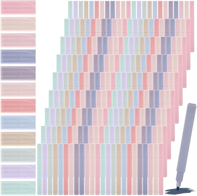Marspark 216 Pcs Highlighters Bulk Chisel Tip Aesthetic 12 Assorted Colors No Bleed Cute Soft Color Marker Pens for Journal Planner Notes School Study Office Supplies